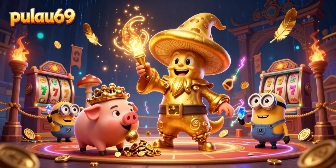 Win big with pulau69 featuring the golden wizard and casino elements in a vibrant scene.