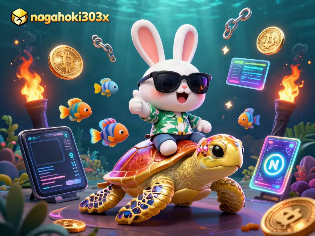 Nagahoki303x menghadirkan ilustrasi slot online yang menarik dengan karakter kelinci dan kura-kura di dunia kasino.