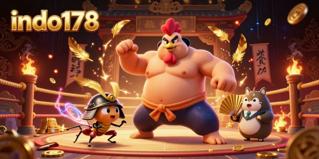 Winning at indo178 with a dynamic scene of a sumo wrestler, cricket, and tanuki in an energetic casino background.