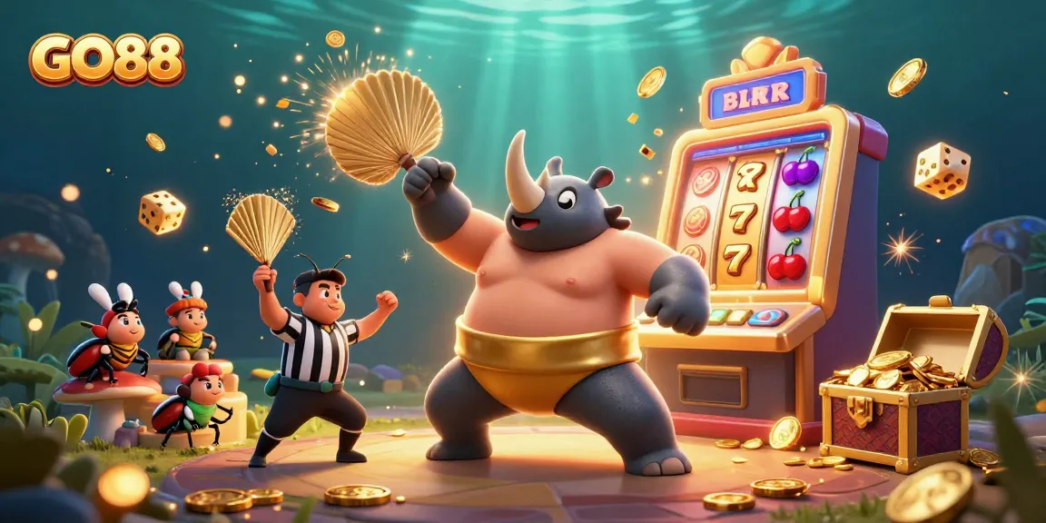 Experience the excitement of GO88 with a dynamic 3D illustration of a sumo champion and a jackpot slot machine.