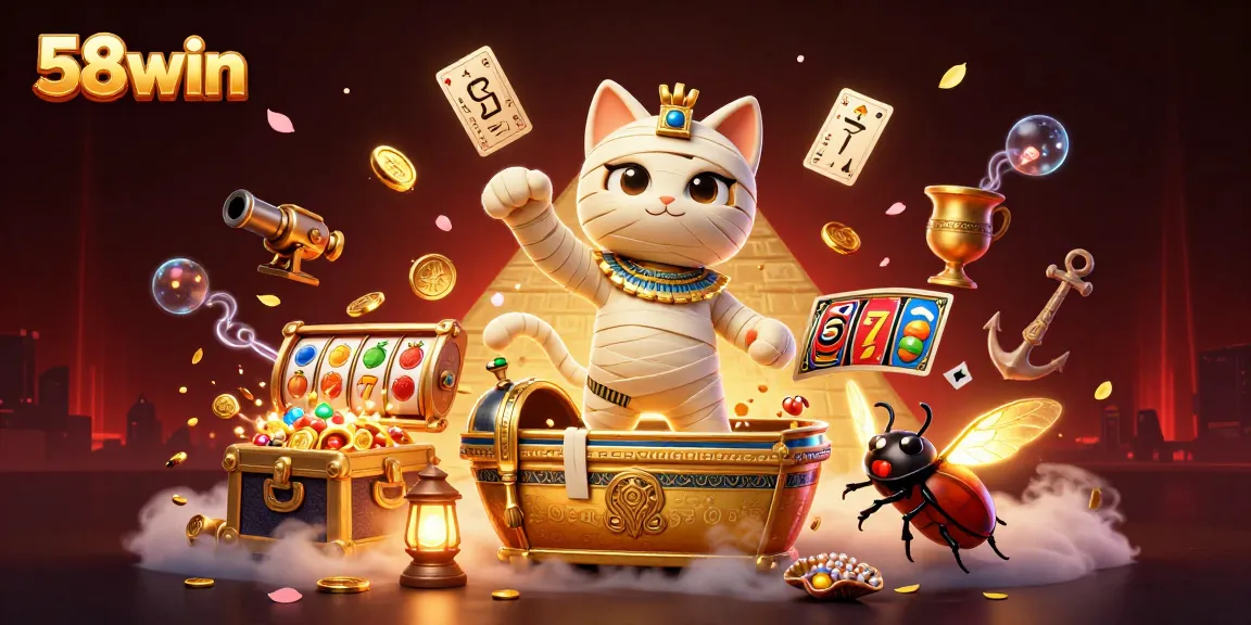 Engage with thrilling 58win casino moments featuring a mummy cat in an exhilarating slot game scene.