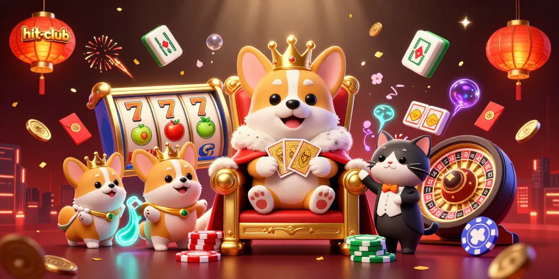 Join the hit-club with this vibrant 3D scene showcasing royal corgi and poker elements!