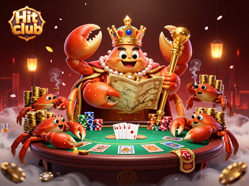Experience the excitement of gaming at Hit club with a vibrant 3D casino illustration featuring golden crab emperor and poker elements.