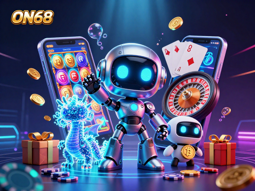 Experience ON68's thrilling gaming scene with dynamic characters and vibrant casino elements.