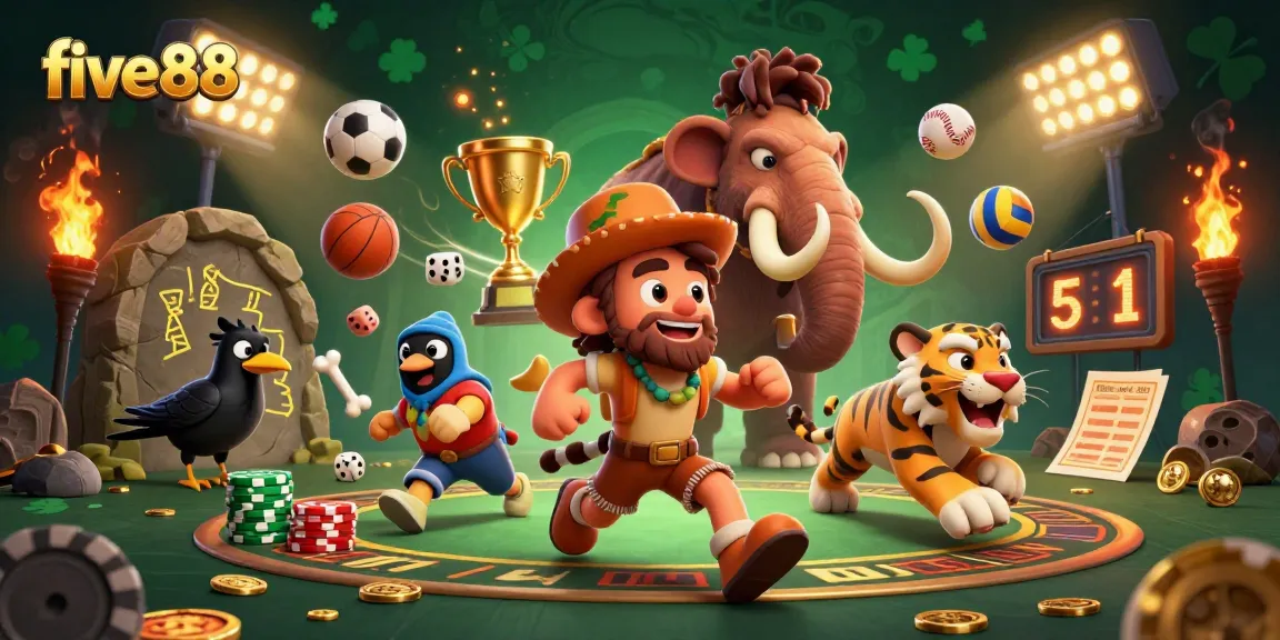 Experience thrilling gameplay at five88 with a lively 3D cartoon illustration of a prehistoric casino.