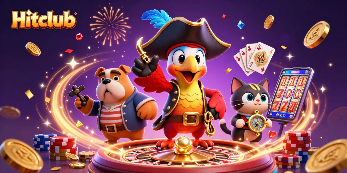 Hitclub pirate captain surrounded by casino elements like poker chips and coins.