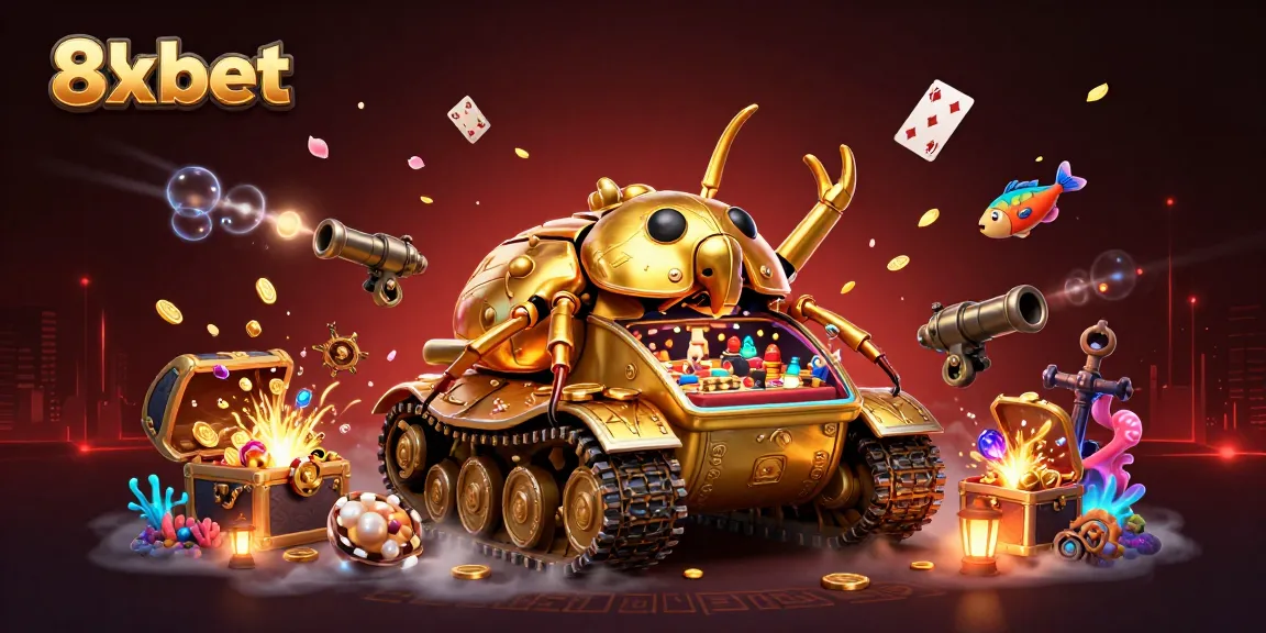 Engage with the lively 8xbet casino scene illustrated in a golden beetle tank, bursting with excitement.