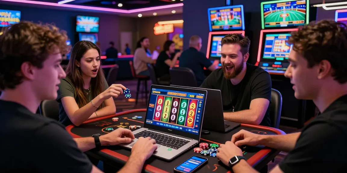 Players enjoying virtual slot deposit qris transactions at a gaming lounge, vibrant atmosphere with neon lights.