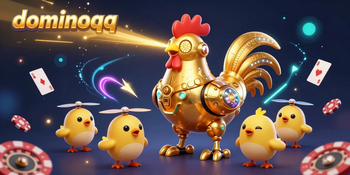 Engage with dominoqq for strategic gameplay featuring golden rooster robots and vibrant casino elements.