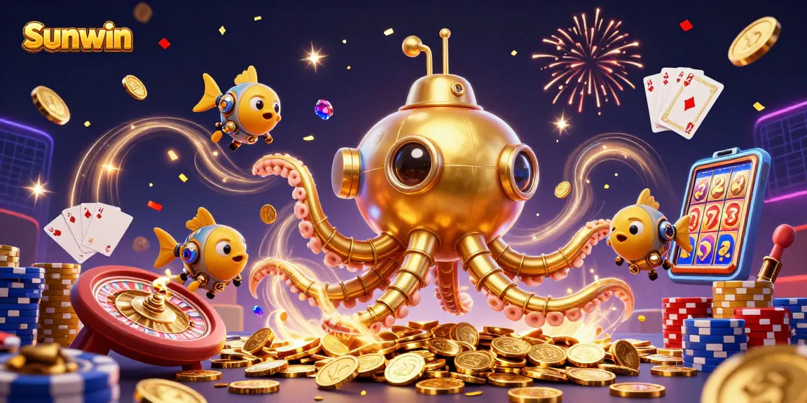 Sunwin enthusiasts enjoying a vibrant digital casino scene filled with golden coins and gaming excitement.