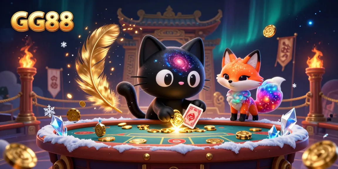 GG88 showcases a cosmic casino scene with a black hole cat and celestial fox engaging in gambling excitement.