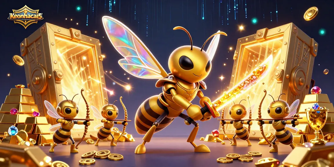 Engage with keonhacai5 in a vibrant 3D casino scene featuring a golden hornet and treasure.