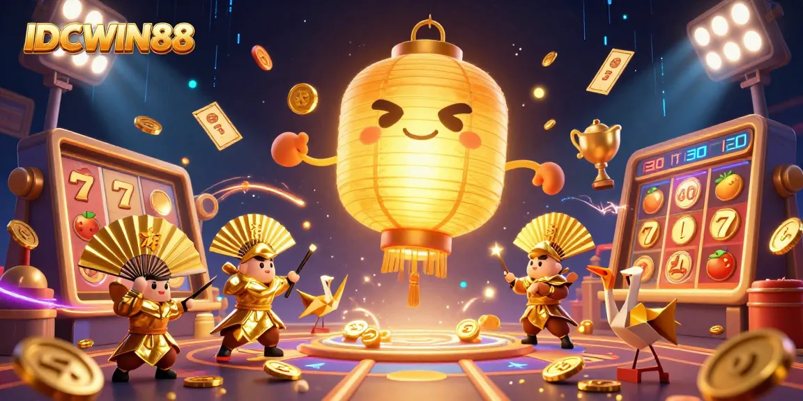 IDCWIN88 engages players with an exciting giant lantern spirit and vibrant slot elements in a dynamic casino scene.