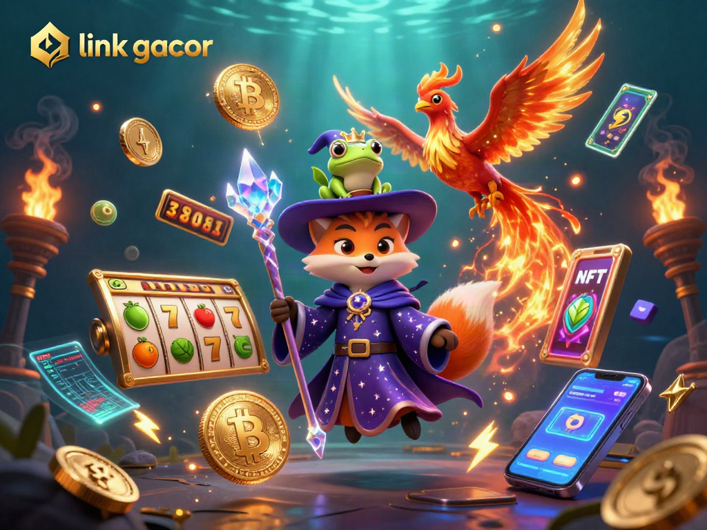 Engage with link gacor strategies in this vibrant, ultra-detailed casino-themed illustration showcasing a mystical fox wizard.