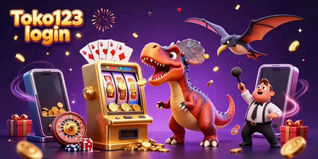 Experience the thrill of Toko123 login with a fun 3D illustration of gaming characters interacting with a golden slot machine.