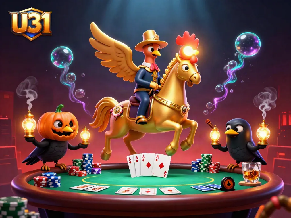 U31 casino action featuring a golden rooster and crow companions playing poker in a dynamic illustration.