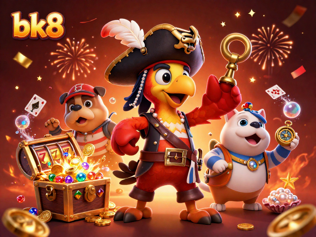 Bet on bk8 with a pirate captain, bulldog first mate, and cat navigator surrounded by gold and slot reels.