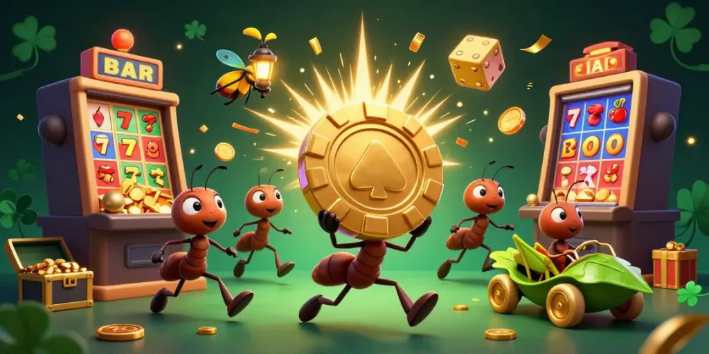 Geng semut 3D mencuri chip poker emas dalam kasino situs slot yang penuh dengan koin bersinar dan simbol keberuntungan.