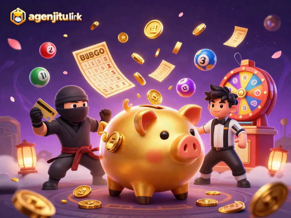 Gambarkan agenjitu link dengan karakter kartun kasino berwarna-warni dan elemen perjudian yang menarik.