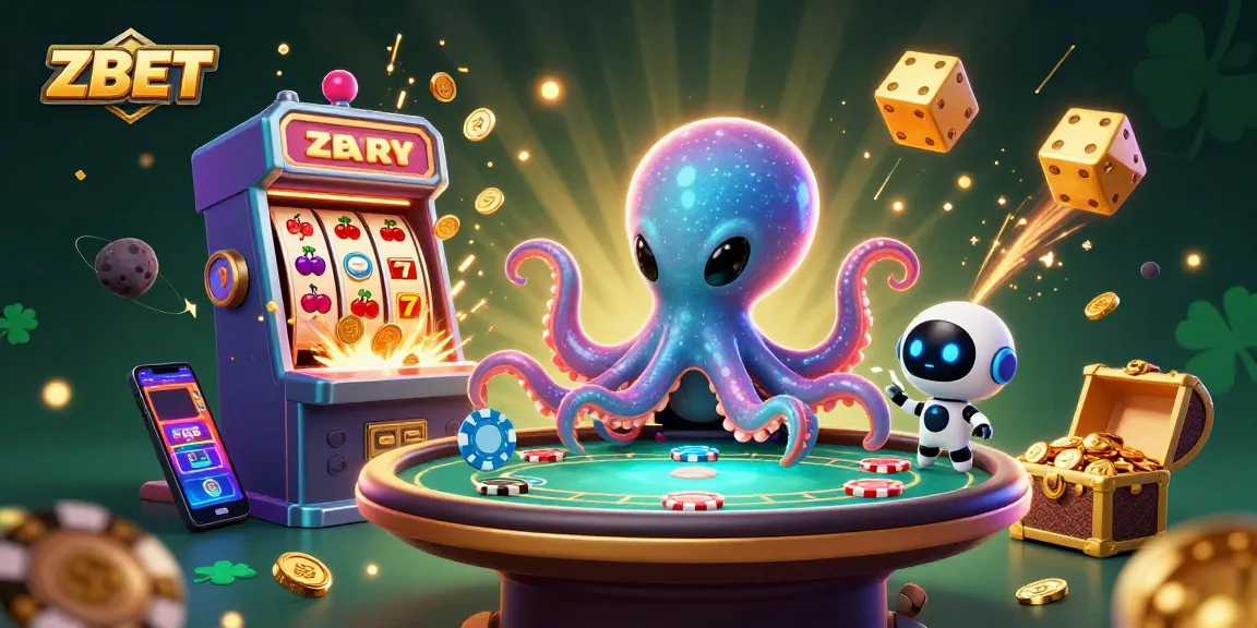 ZBET showcasing an alien octopus excelling at poker amidst a vibrant casino scene with dynamic elements.