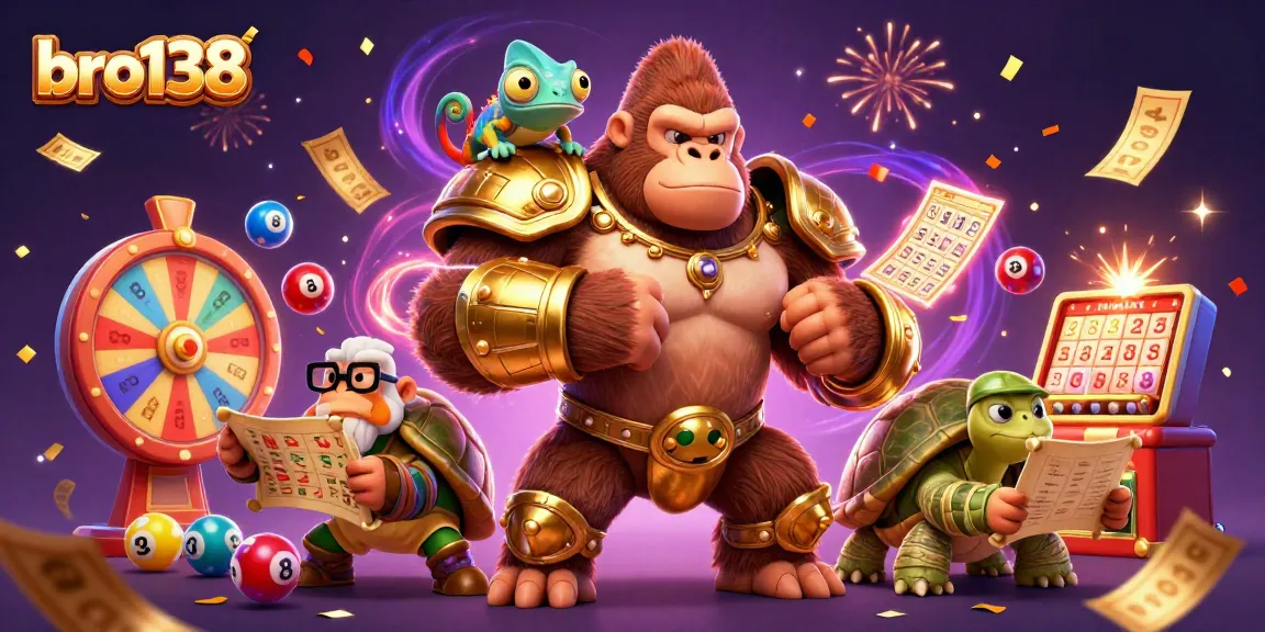 Experience thrilling gaming with bro138's gorilla king, chameleon, and tortoise amidst festive casino elements.
