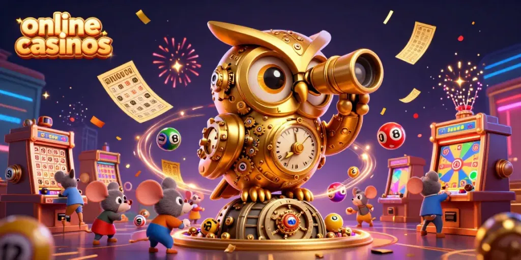 Experience online casinos in a vibrant 3D scene with a clockwork owl and energetic game elements.