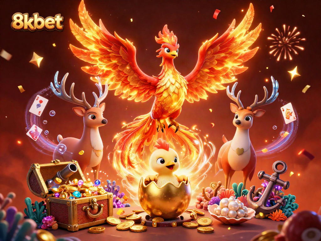 Experience the thrill of 8xbet with vibrant phoenixes and treasure in a dazzling casino scene.
