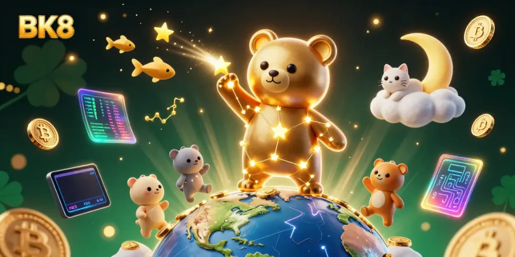 Experience BK8's vibrant casino adventure with a shooting star bear, crypto elements, and golden coins.