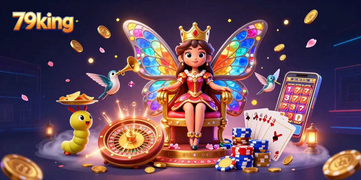 Experience the thrill of 79king with a vivid scene of a butterfly queen amidst vibrant casino elements.