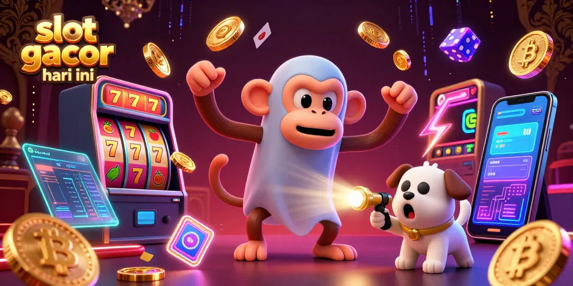 Experience the thrill of slot gacor hari ini with a playful poltergeist monkey and gold-juggling puppy in a dynamic casino scene.