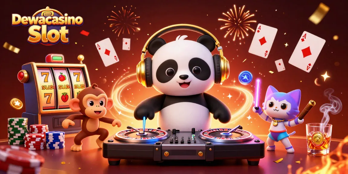 Dewacasino Slot game scene featuring a DJ panda, breakdancing monkey, and glowing kitten surrounded by slot reels and poker chips