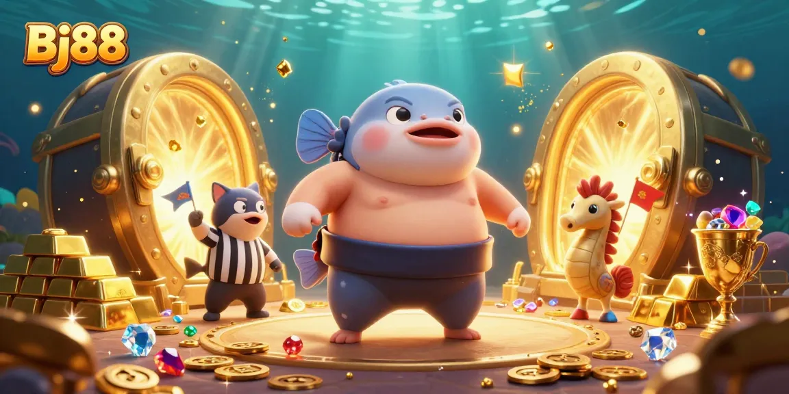 Bj88 offers thrilling underwater casino experiences featuring a fugu puffed up in a sumo ring.