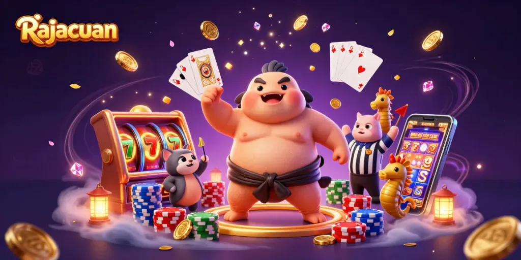 Rajacuan showcases a lively underwater casino scene with dynamic slot machines and playful sea creatures.