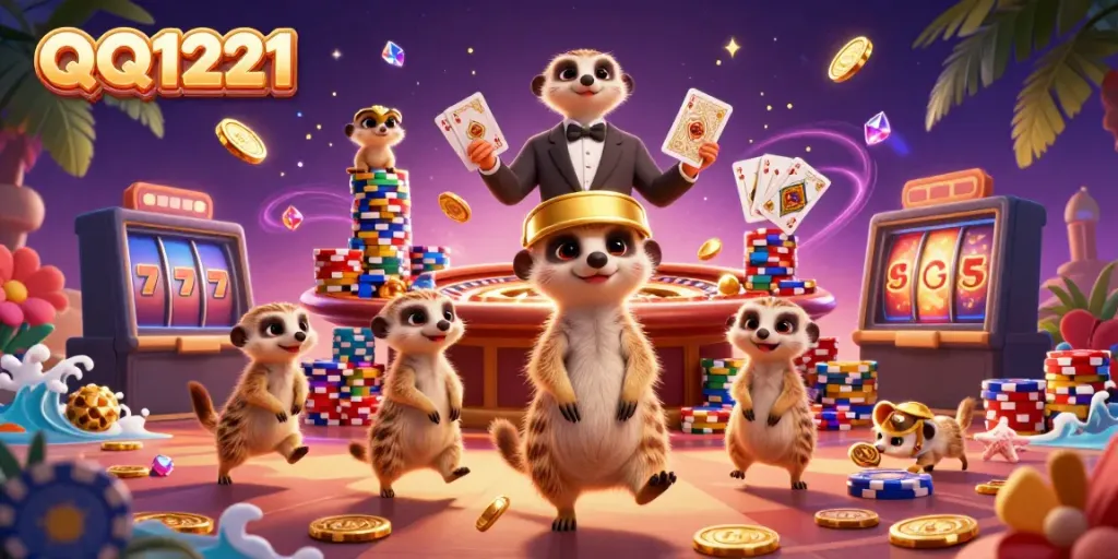Engage with QQ1221 at a vibrant casino scene with meerkats handling chips and games.