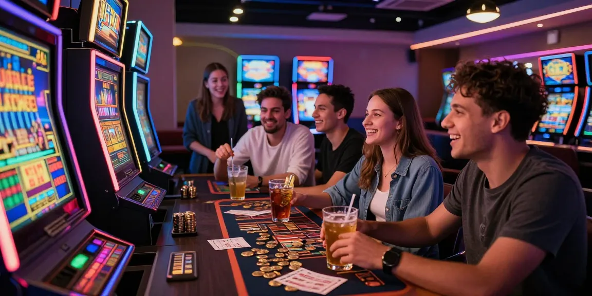 Slot permainan dengan teman-teman bersenang-senang di lounge permainan yang cerah.