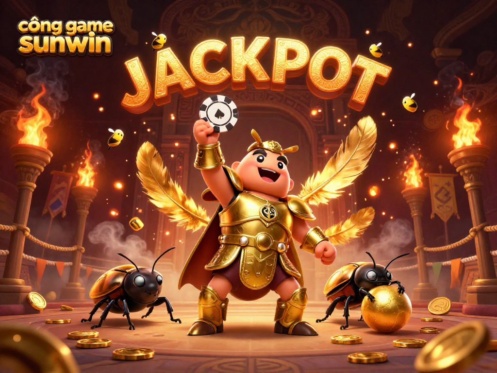 Play exciting games at the cổng game sunwin with a 3D beetle hero lifting a poker chip in victory.