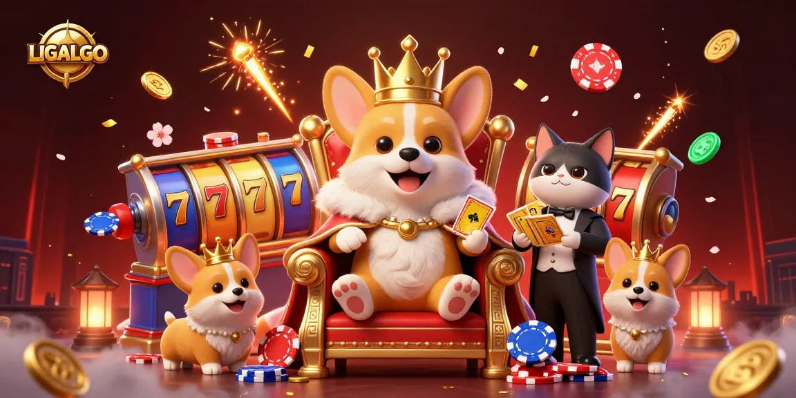 The royal corgi leads a vibrant casino scene at LIGALGO with slot reels and golden cards.