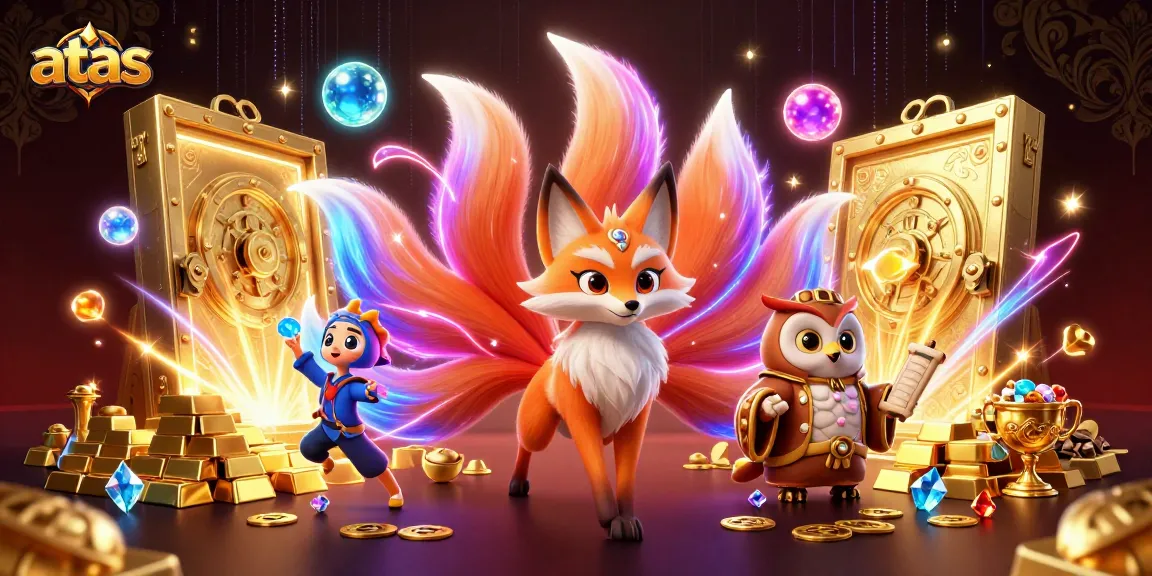 Engage with the vibrant atas casino scene featuring a nine-tailed fox and treasures illuminating a dynamic gaming environment.