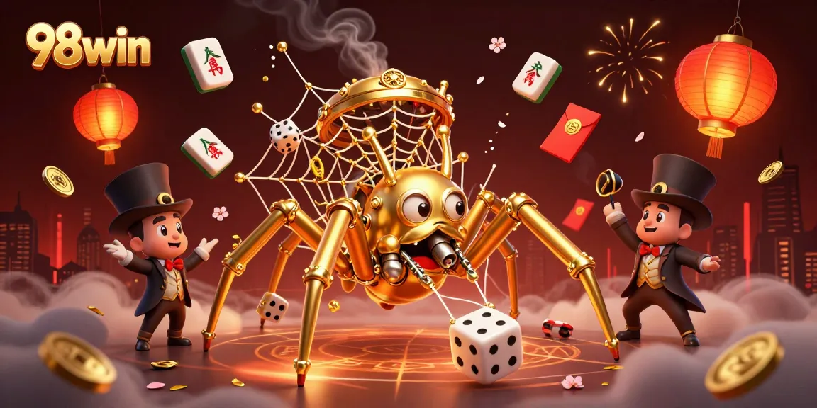 Engage with dynamic 98win casino elements in a vibrant 3D illustration featuring whimsical characters.