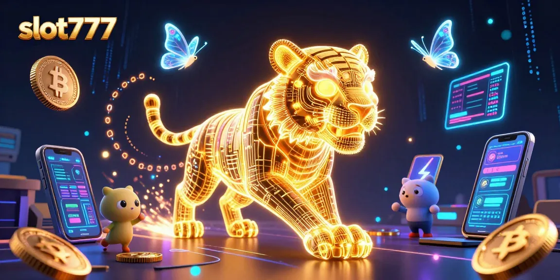 Engage with the vibrant slot777 digital casino scene featuring a neon golden tiger and crypto elements.