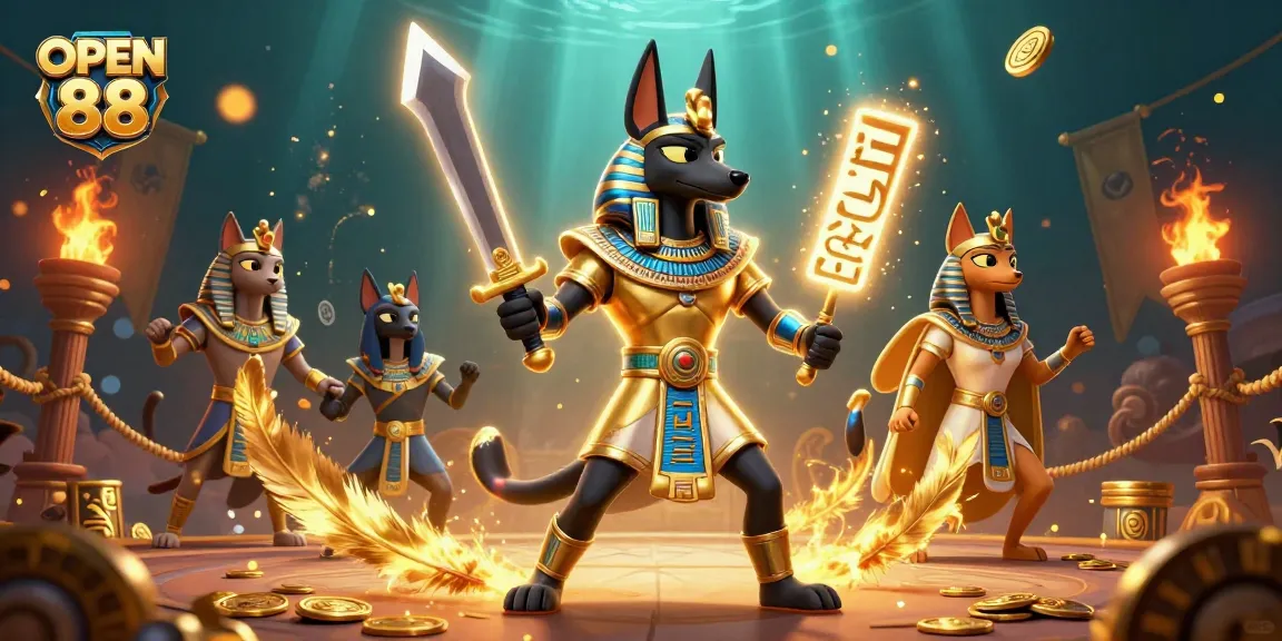 Engage with OPEN 88's vibrant 3D depiction of Anubis and Bastet amid a dynamic casino scene.