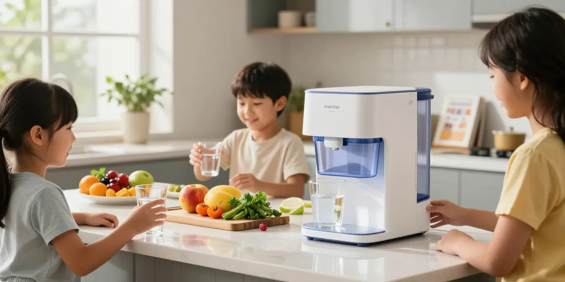 Waterdrop 40 Cup Dual Filter Dispenser in a bright kitchen, family pouring filtered water.