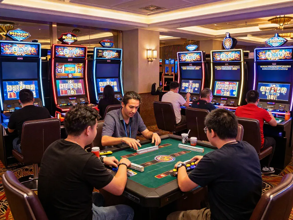 Pemain terlibat dalam permainan Mesin Mahjong Ways 2 di kasino dengan suasana meriah dan cahaya berwarna-warni.