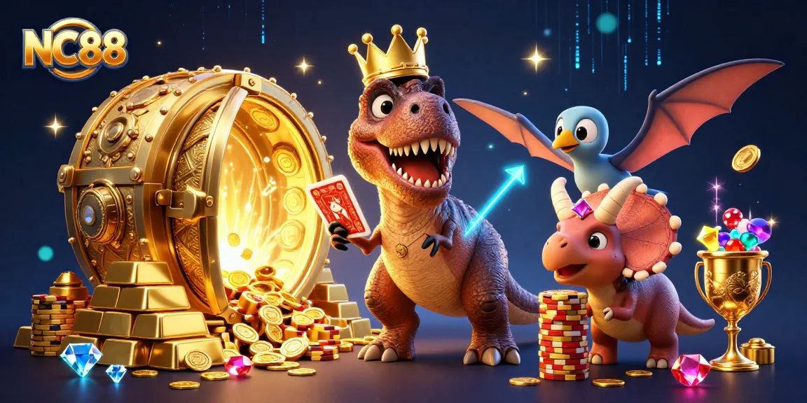 Experience the thrill of NC88 with a fun T-Rex card game, treasure vault, and vibrant casino elements.