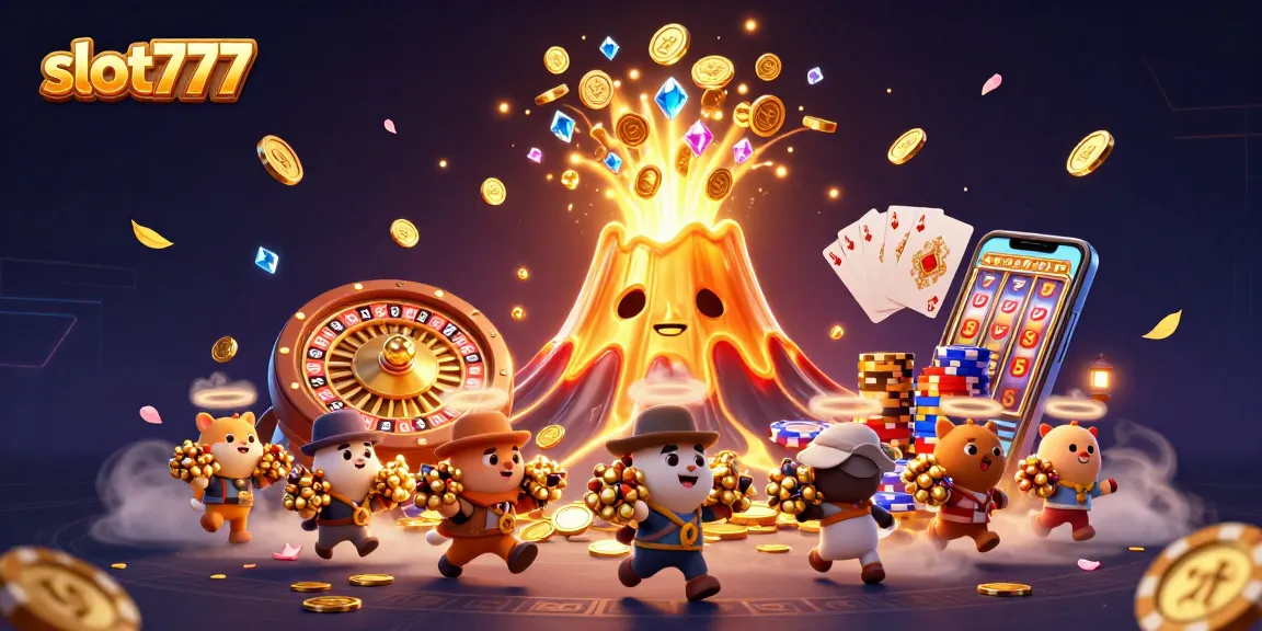 Experience the excitement of slot777 with a dynamic 3D scene showcasing golden volcanoes and treasure.