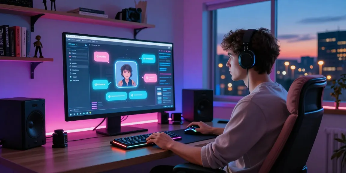 User engaging with an NSFW AI interface in a modern digital studio, showcasing interactive customization options.