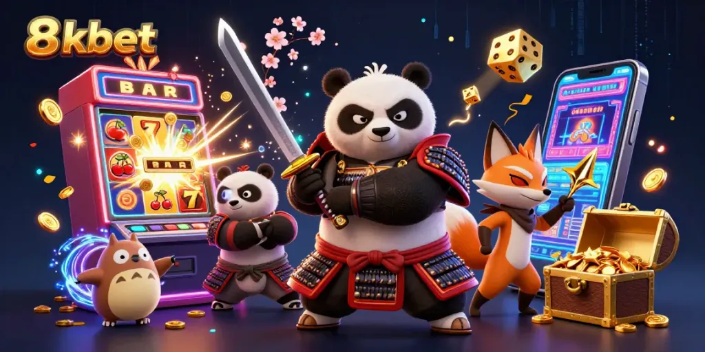 Experience thrilling gaming action with 8xbet's vibrant betting scene featuring samurai panda and ninja fox.