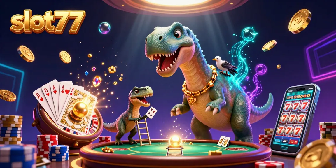 Experience slot777 excitement with a vibrant casino scene featuring a towering dinosaur, clever raptor, and cascading coins.