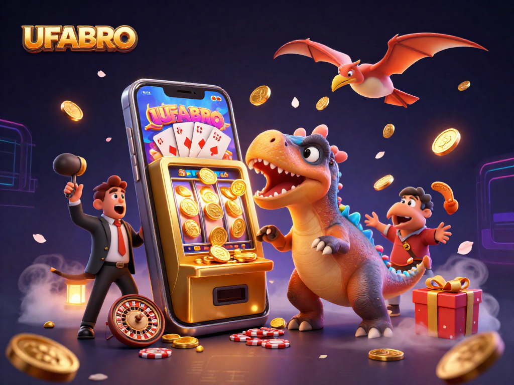 UFABRO showcases a dynamic casino scene with characters celebrating a jackpot, surrounded by vibrant gambling elements.