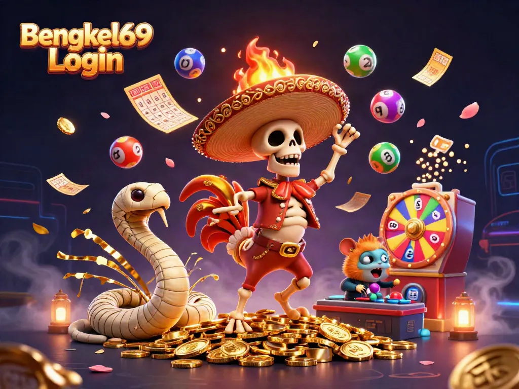 Bengkel69 Login features a lively scene with a cartoon mariachi rooster celebrating on gold coins, surrounded by vibrant lottery elements.